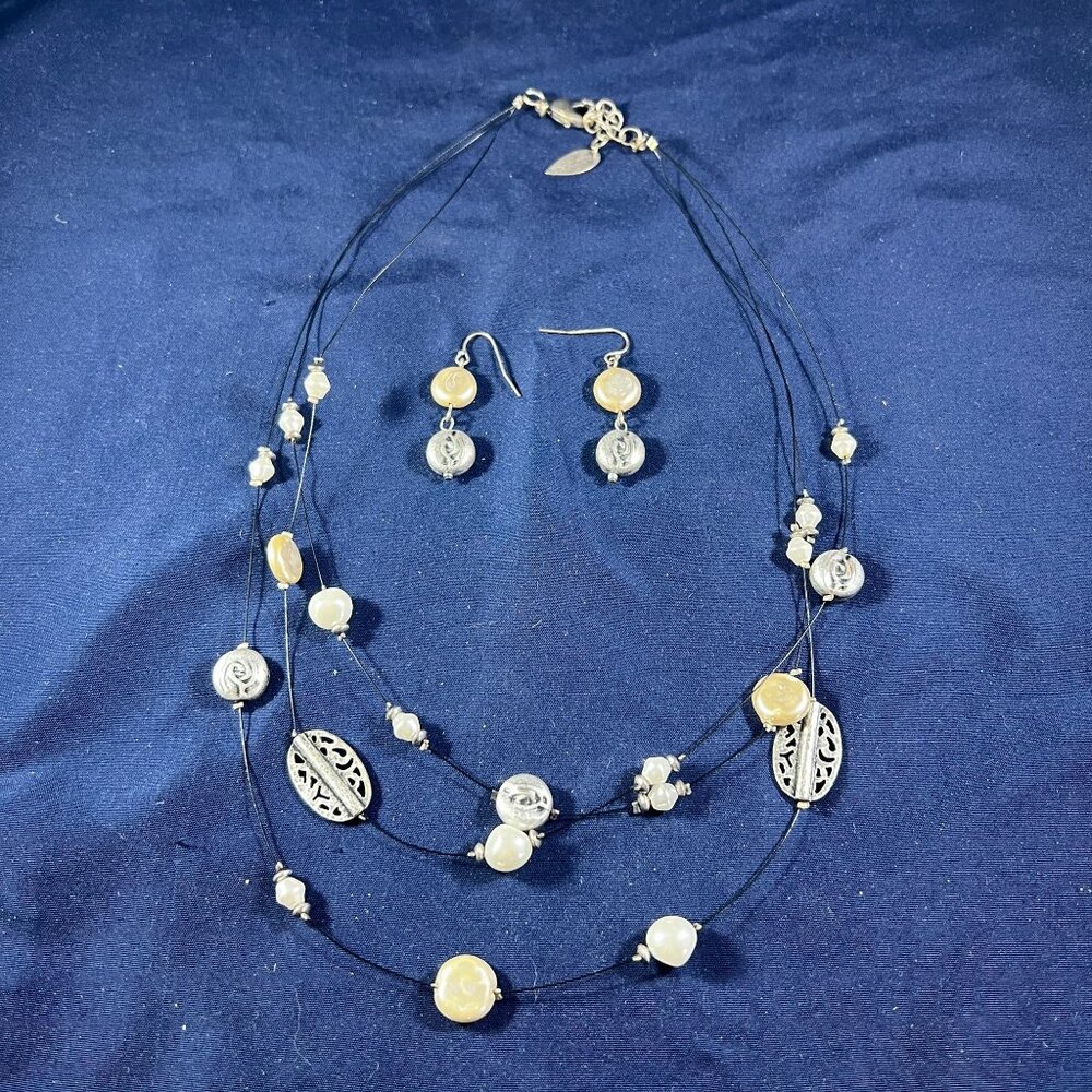 Coldwater Creek Silver Tone Pearl Station Necklace & Earrings